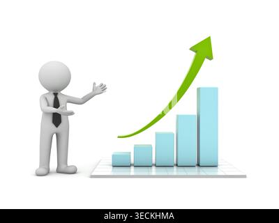 Minimal 3d white man wi. ". th growth bar graph or growing bar chart isolated on white background with shadow 3D rendering Stock Photo