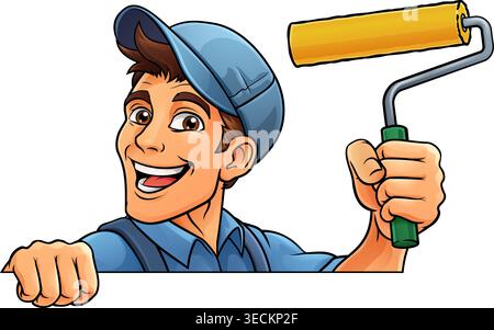 Painter Decorator Paint Roller Cartoon Handy Man Stock Vector