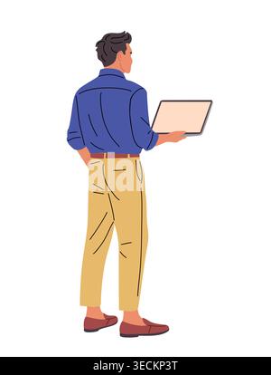 Man stands rear view with laptop dressed casually  Stock Vector
