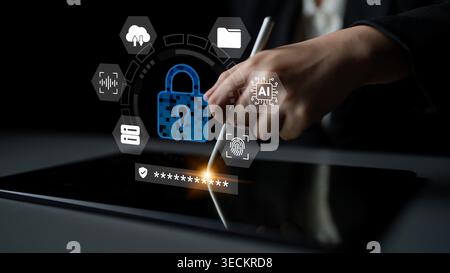 A close-up image of a hand signing a digital document on a tablet, illustrating concepts of security and technology with visual symbols related to Stock Photo