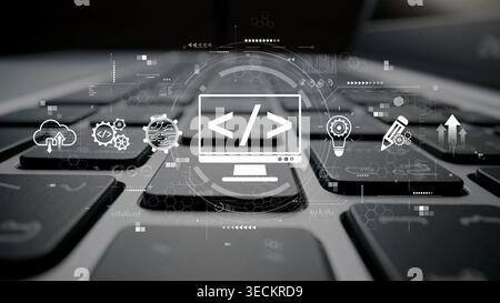 Modern web development concept featuring coding symbols, web development process, web development interface, and web development tools with futuristic Stock Photo