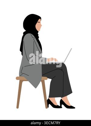 Woman in hijab sits on chair using laptop. Stock Vector