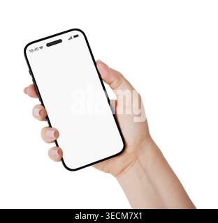 Female hand holding smartphone with blank white screen isolated on white background with clipping path. Concept of mobile technology, mockup template, Stock Photo