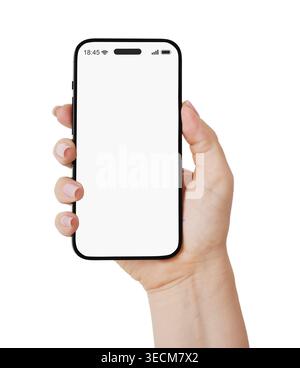 Female hand holding smartphone with blank white screen isolated on white background with clipping path. Concept of mobile technology, mockup template, Stock Photo