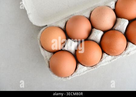 Top view of brown raw eggs in a cardboard carton on a light background. Concept of natural food, farming, and minimal kitchen ingredients. Stock Photo