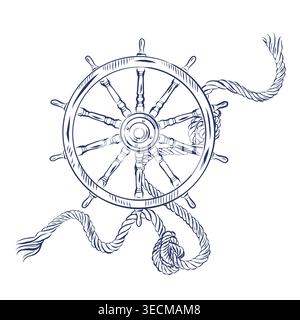A hand-drawn ink illustration of a ships steering wheel with a nautical rope. This nautical-themed vector illustration is perfect for a logo design Stock Vector