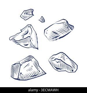 A set of hand-drawn ink sea stones on a white background. Sea pebbles and rocks for nautical design, coastal themes, summer vacations, decor, and Stock Vector