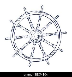 An illustration of a ships steering wheel. All hand-drawn in ink. This illustration depicts an antique ships steering wheel for a nautical-themed Stock Vector