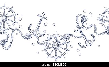 A seamless nautical border with an anchor, steering wheel, and rope. A nautical illustration, done in ink, for design and decor. A background themed Stock Vector