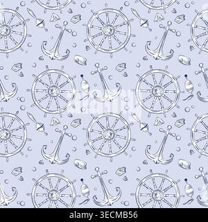 Seamless vector pattern with hand-drawn anchor and steering wheel of the ship. Marine background for wallpaper with marine elements in sketch style Stock Vector
