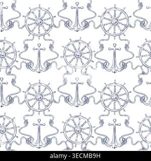 A seamless nautical pattern featuring an anchor and a steering wheel connected by rope. This hand-drawn ink drawing features a nautical theme is Stock Vector