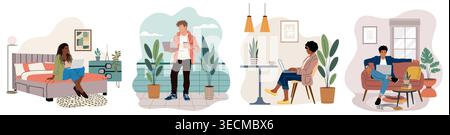 Remote work lifestyle set with diverse people Stock Vector