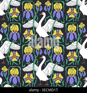 Vintage seamless pattern with art deco style hand drawn elegant white swan and yellow purple iris flowers Stock Vector