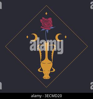 Celestial Art nouveau style vase with rose hand drawn vector illustration on black background Stock Vector