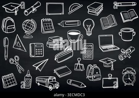 Chalkboard-style Back to School background featuring white chalk doodles of education equipment and academic symbols on a dark blackboard. Stock Vector