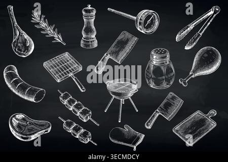 Hand-drawn barbecue and grill equipment icons in white chalk style on a dark chalkboard background featuring steak, sausages, and grill tools. Stock Vector