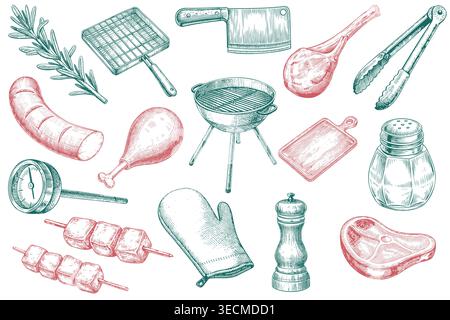 Set of colorful hand drawn barbecue and picnic icons including meat, grill, and cooking accessories isolated on a white background. Stock Vector