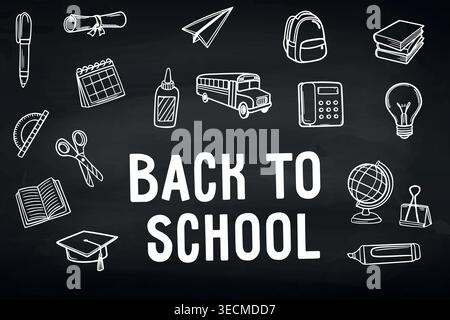 Back to School central text surrounded by chalk-style education icons like school bus, books, and stationery on a dark chalkboard background. Stock Vector