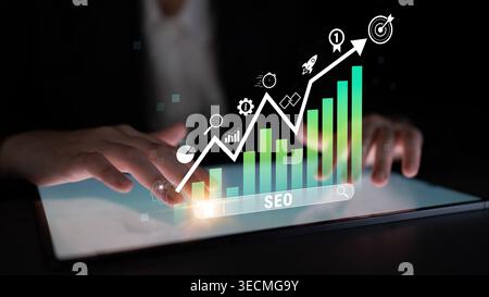 Data Analytics and Digital Marketing Strategies with Graph and SEO Elements Representing Growth in Online Business Performance Quark. Stock Photo