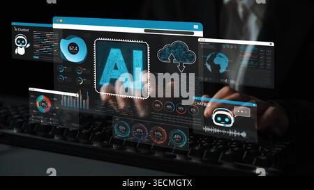 Futuristic User Interface Design Featuring Artificial Intelligence Displays and Data Analytics in a Modern Digital Workspace Sigmoid Stock Photo