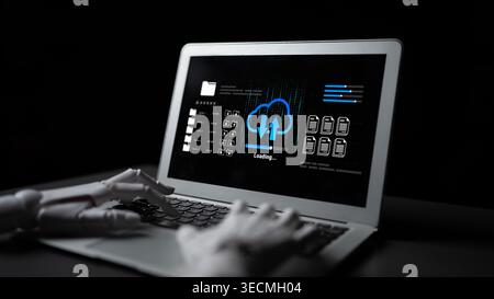 Robotic hands interact with a laptop displaying a cloud interface, symbolizing the connection between technology and automation in a sleek, modern Stock Photo