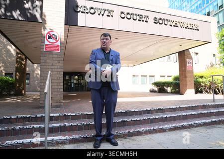 Graham Linehan speaking outside Southwark Crown Court, London, after he had his conviction for damaging the mobile phone of transgender activist Sophia Brooks overturned following an appeal hearing. Picture date: Friday May 1, 2026. Stock Photo