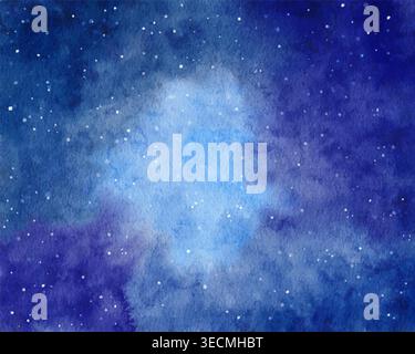 Abstract watercolor starry night sky vector background, deep blue galaxy with shining stars, soft clouds and dreamy cosmic atmosphere, elegant and peaceful illustration Stock Vector