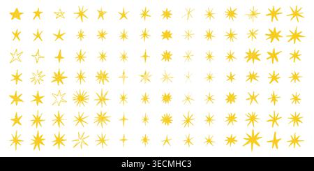 Set of golden starburst shapes, sparkle elements isolated on white background. Decorative shining stars collection for festive design, holiday cards, invitations, branding and web graphics. Stock Vector