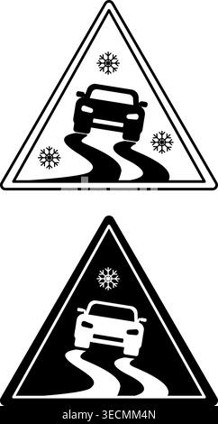 Slippery Road Signs. Black and White Vector Icons. The car is driving on a slippery road. Danger Warning Sign Stock Vector