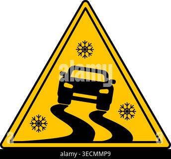 Yellow Slippery Road Sign. Vector Icon. The car is driving on a slippery road. Danger Warning Sign Stock Vector