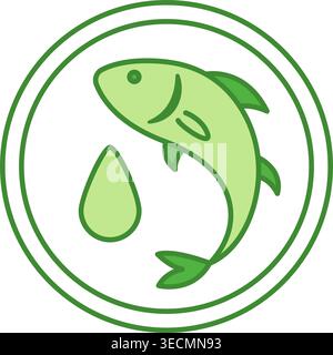 Green Icon of Omega 3 Fatty Acids. Vector Icon. Sea Fish and Drop of Oil. Label for Medicine and Food Packaging Stock Vector