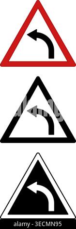 Left Curve Signs. Warning Road Signs. Red, Black, and White Vector Icons Stock Vector