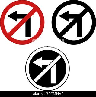 No Left Turn Signs. Warning Road Signs. Red, Black, and White Vector Icons Stock Vector