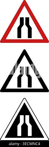 Narrow Road Signs. Warning Road Signs. Red, Black, and White Vector Icons Stock Vector