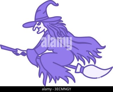 Witch Color Icon. Vector Icon of Evil Witch Flying on Broom. Fairytale Character. Halloween Concept Stock Vector
