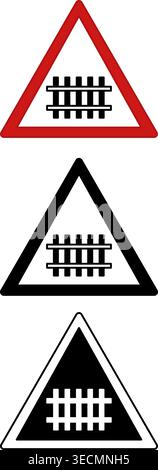 Signs Railroad Ahead. Warning Road Signs. Railroad Tracks. Red, Black, and White Vector Icons Stock Vector