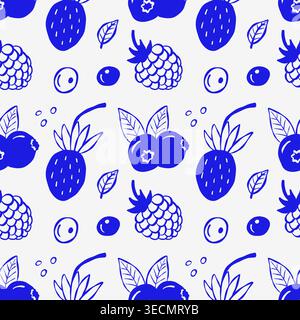 Blue berries pattern on white background. Includes strawberries, raspberries, blueberries, and leaves. Simple, playful design. Great for textiles, pac Stock Vector