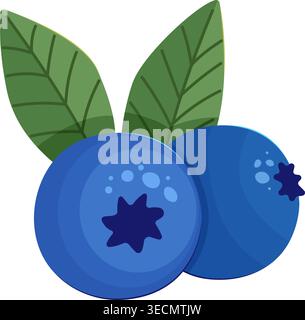 Two blueberries with green leaves. Illustration style, simple design. Perfect for food, health, or nature-themed projects. Clean, modern, and vibrant Stock Vector