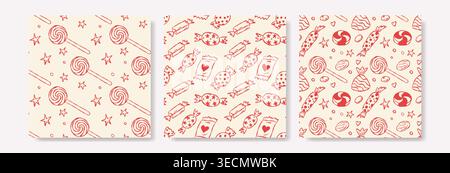 Three seamless patterns show red candies, hearts, and swirls on cream backgrounds. No people are present. Ideal for holiday cards, packaging, or sweet Stock Vector
