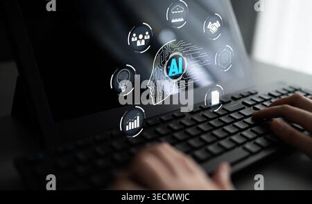 Conceptual Image of Artificial Intelligence Interface on Laptop Screen with Hands Typing, Highlighting Data Analytics and Innovative Technology Stock Photo
