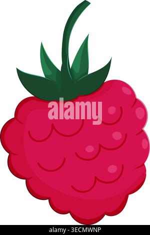Bright red raspberry with green leaves and stem. Clean, cartoon-style illustration. Perfect for food, health, or summer-themed designs. Great for pack Stock Vector
