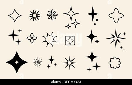 Set of black sparkle and star icons on beige background. Clean photo graphics for design projects. Use in festive, magical or glowing themes. Suitable Stock Vector