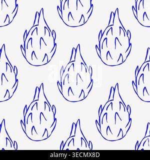 Blue line drawings of dragon fruit on light gray background. Pattern repeats seamlessly for design use. Simple, clean photo ideal for textiles, packag Stock Vector