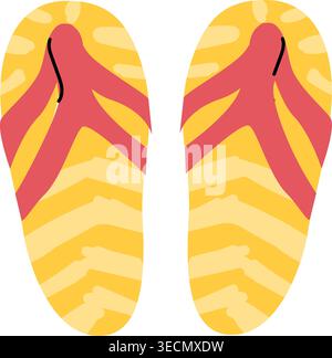 Yellow stripe flip flops summer icon isolated on white. Hand drawn cartoon vector illustration. Stock Vector