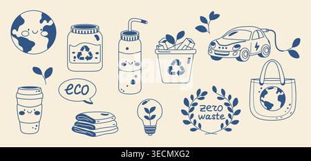Eco friendly zero waste kawaii icons set with earth recycling bin electric car and reusable items vector Stock Vector