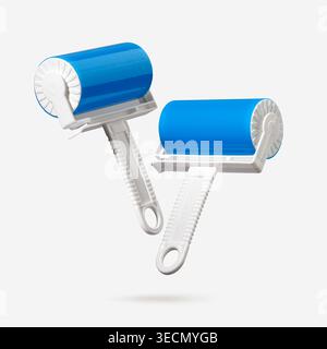 Reusable lint rollers with blue washable sticky surface floating on light gray background. Concept of sustainable household tools, minimalist product Stock Photo
