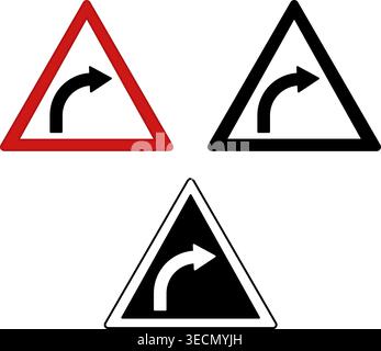 Signs Right Curve. Warning Road Signs. Red, Black, and White Vector Icons Stock Vector