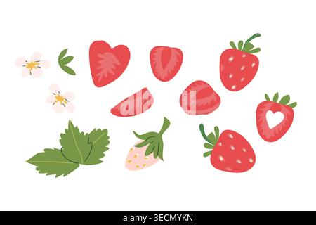 strawberries Elements set of in a cartoon flat style. Includes whole strawberries, slices, leaves, and flowers. Ideal for food packaging, dessert menu Stock Vector