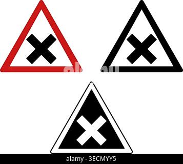 Signs Crossroad Warning. Warning Road Signs. Red, Black, and White Vector Icons Stock Vector
