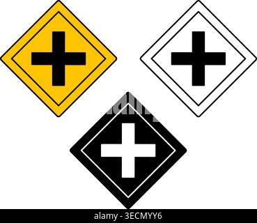 Road Intersection Signs. Warning Road Signs. Yellow, Black, and White Vector Icons Stock Vector